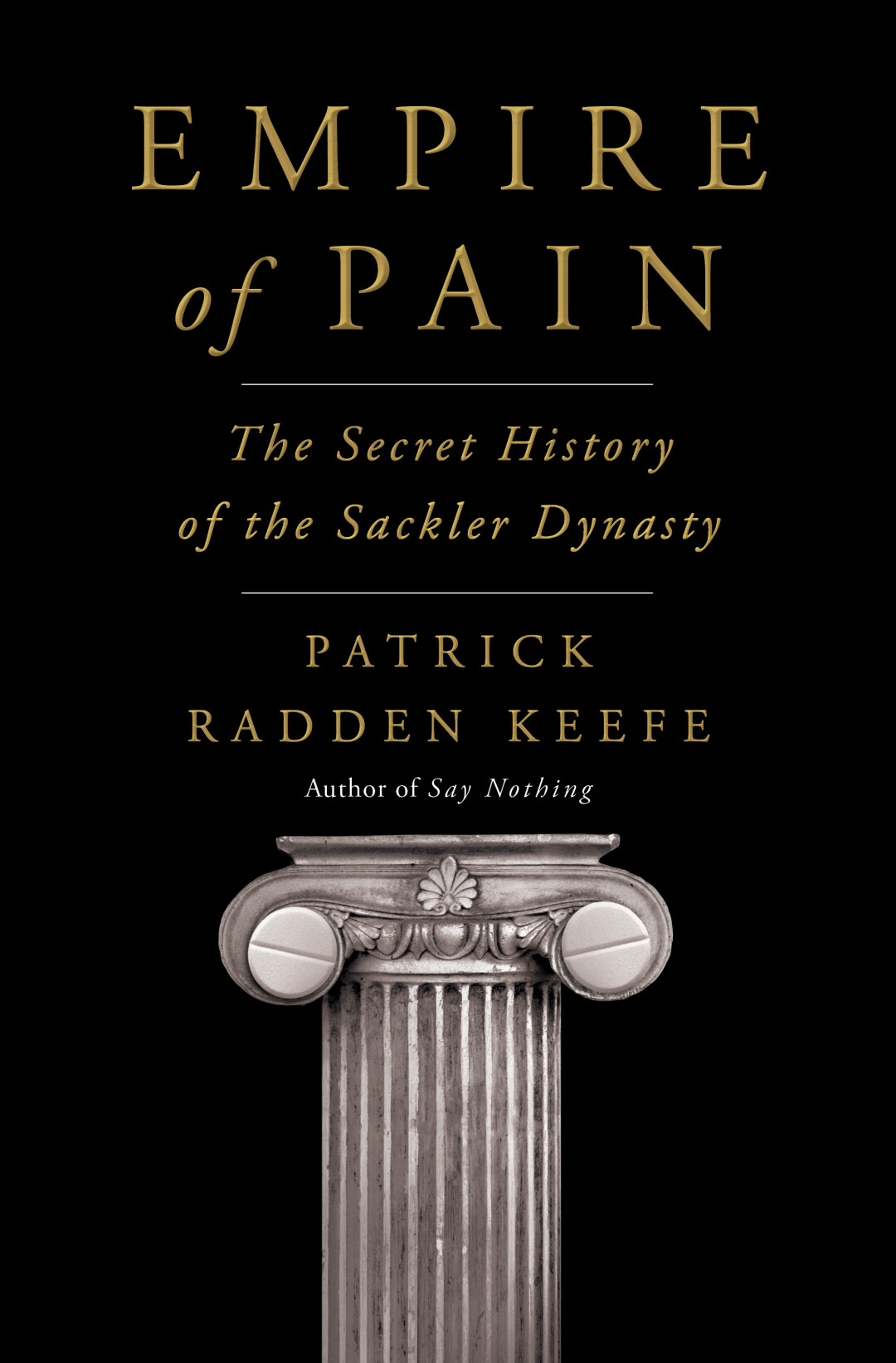 A pillar pictured on the cover of "Empire of Pain," by Patrick Radden Keefe.