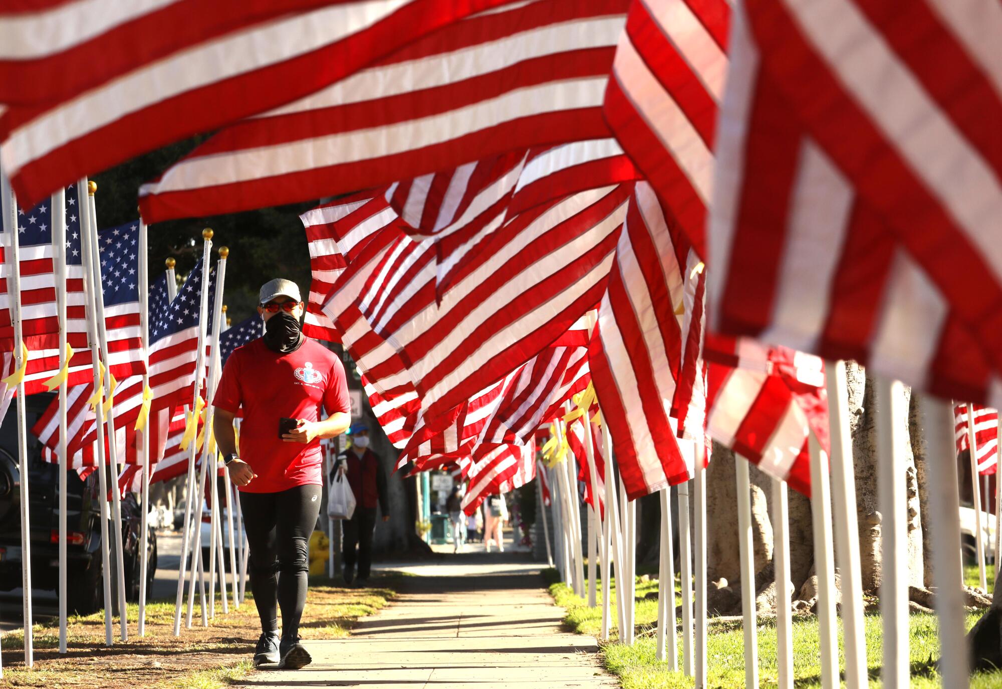 U.S. National Guardsman Ryan Cho visits a Veterans Day display in Culver City.