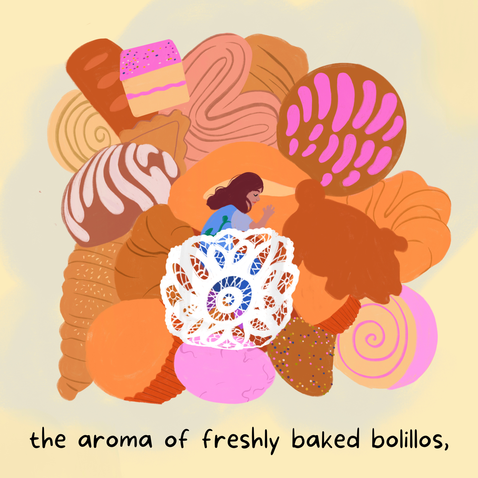 An illustration of a person among baked goods: the aroma of freshly baked bolillos,