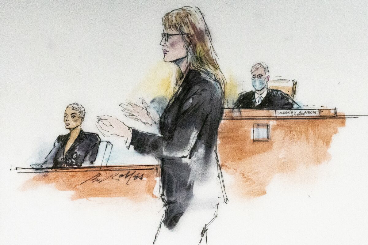 In this courtroom artist sketch, Los Angeles Superior Court Judge Gregory W. Alarcon, background right, listens to Blac Chyna's lawyer Lynne Ciani, middle, as Blac Chyna, left, appears in court in Los Angeles, Tuesday, April, 19, 2022. A jury has been seated in the trial that pits model and former reality television star Blac Chyna against the Kardashian family, who she alleges destroyed her TV career. (Bill Robles via AP)