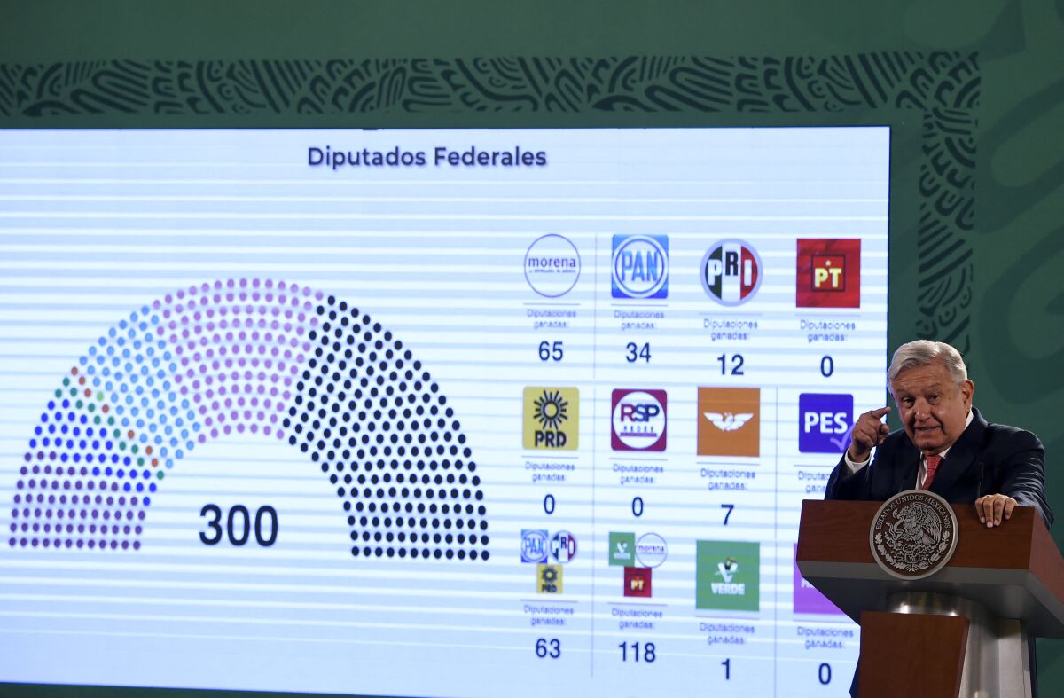 Mexican President Andres Manuel Lopez Obrador speaks about the results of Sunday's midterm elections.