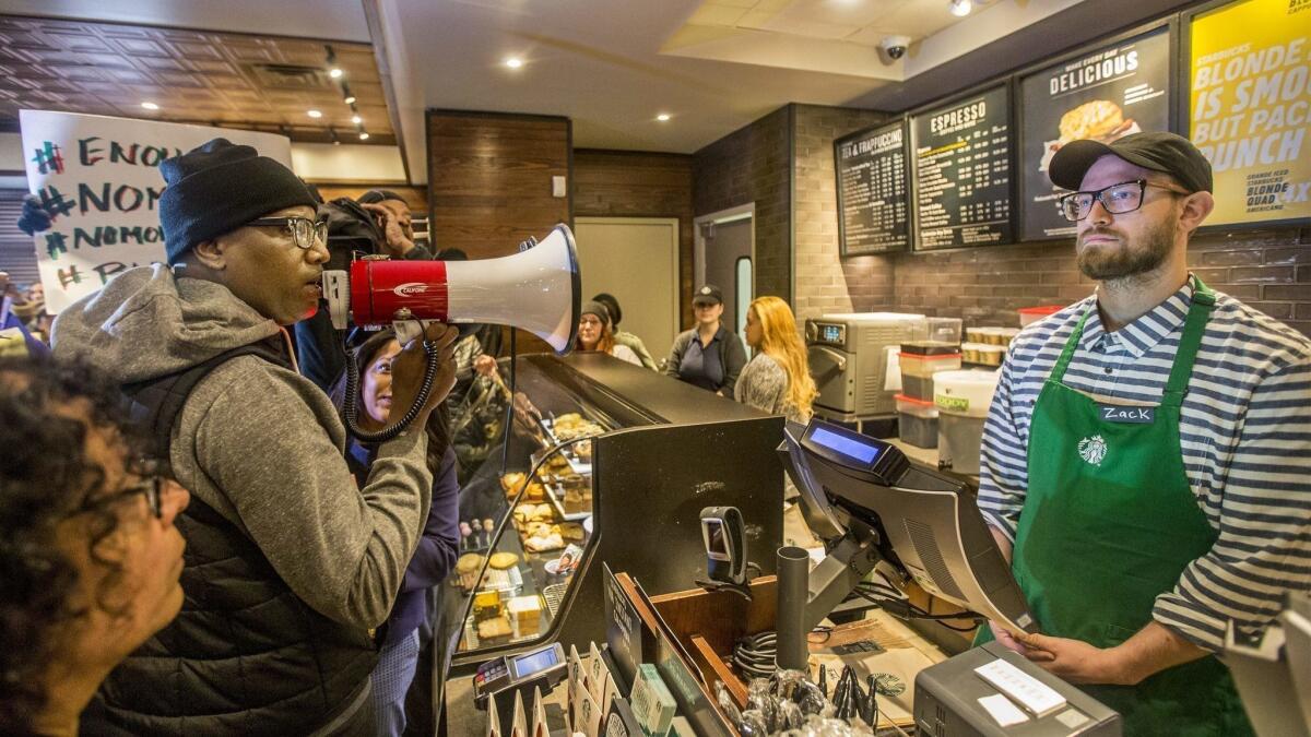 An April protest at a Philadelphia Starbucks where two black men were arrested after being denied bathroom access.