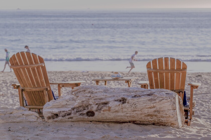 Beach chairs in the sand next to a large piece of driftwood, with people in the distance in the ocean.