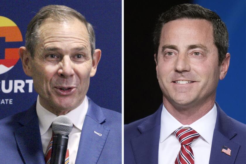 This combination photo of Republican senate nominees speaking in Salt Lake City shows Rep. John Curtis, R-Utah, left, on April 27, 2024, and Trent Staggs, a former Mayor of Riverton, Utah, on June 10. In a primary to replace retiring Sen. Mitt Romney, Utah voters will choose between Staggs, a Trump loyalist, and Curtis, a moderate candidate. (AP Photo)