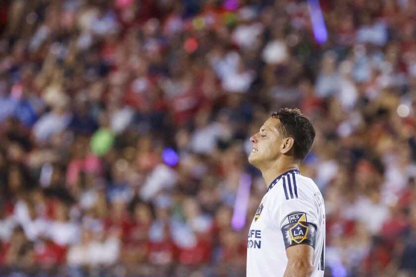 LA Galaxy forward Javier Hernández reacts after missing a shot against FC Dallas during the second half of an MLS soccer match Saturday, July 30, 2022, in Frisco, Texas. (Shafkat Anowar/The Dallas Morning News via AP)