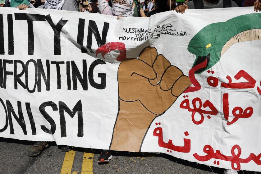 Los Angeles, CA - October 28: Thousands gather to be a part of The Palestinian Youth Movement demonstration in support of Palestinians at Pershing Square Saturday, Oct. 28, 2023, in Los Angeles, CA. (Gina Ferazzi / Los Angeles Times)