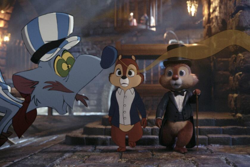 This image released by Disney+ shows Chip, voiced by John Mulaney, center, and Dale, voiced by Andy Samberg, right, in a scene from "Chip ‘n Dale: Rescue Rangers." (Disney Enterprises via AP)