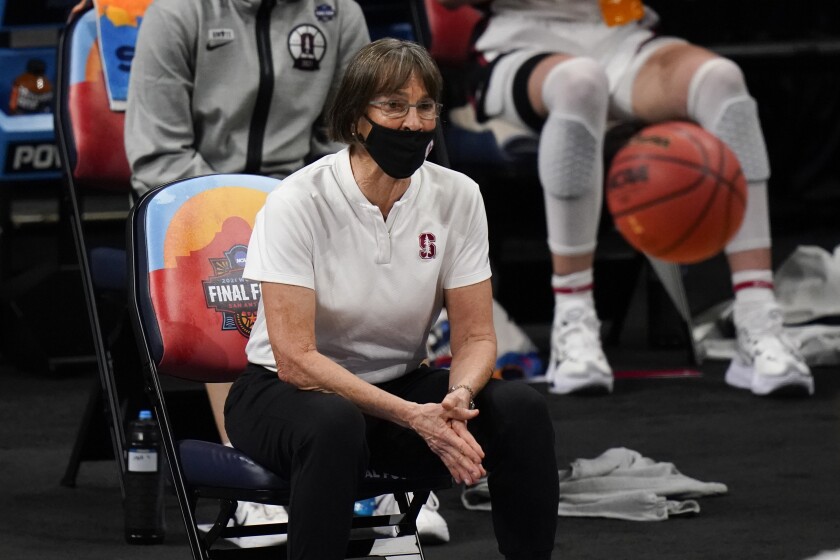 Stanford head coach Tara VanDerveer watches from the bench during the first half of a women's Final Four NCAA college basketball tournament semifinal game against South Carolina Friday, April 2, 2021, at the Alamodome in San Antonio. (AP Photo/Eric Gay)