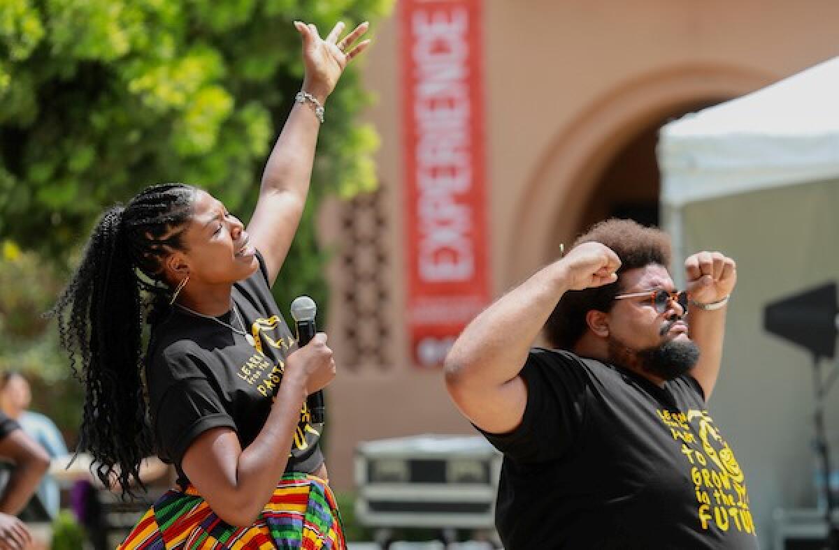 Joy Yvonne Jones, left, and Bryan Barbarin perform in "Get on Board" at La Jolla Playhouse's Pop-Up WOW at Liberty Station.