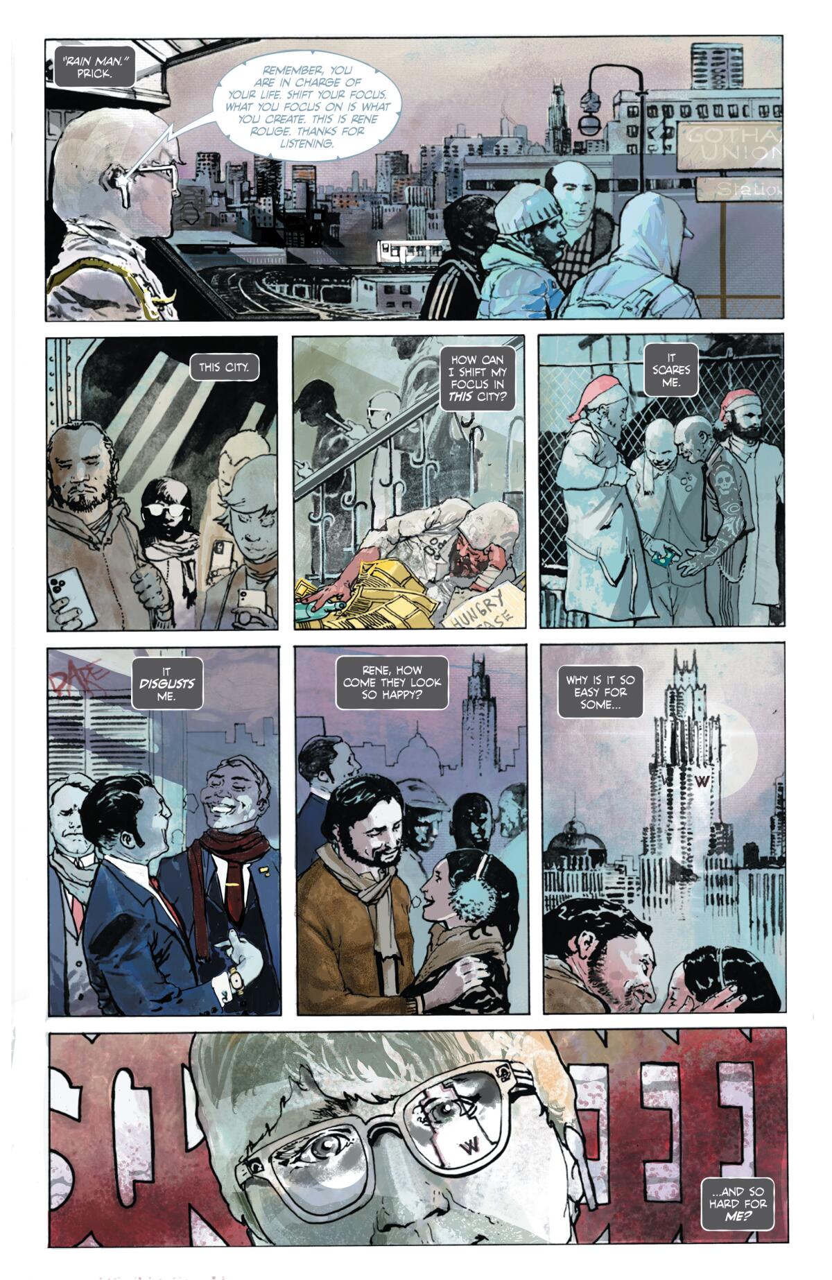 A page of art panels inside an issue of "The Riddler" comic book.