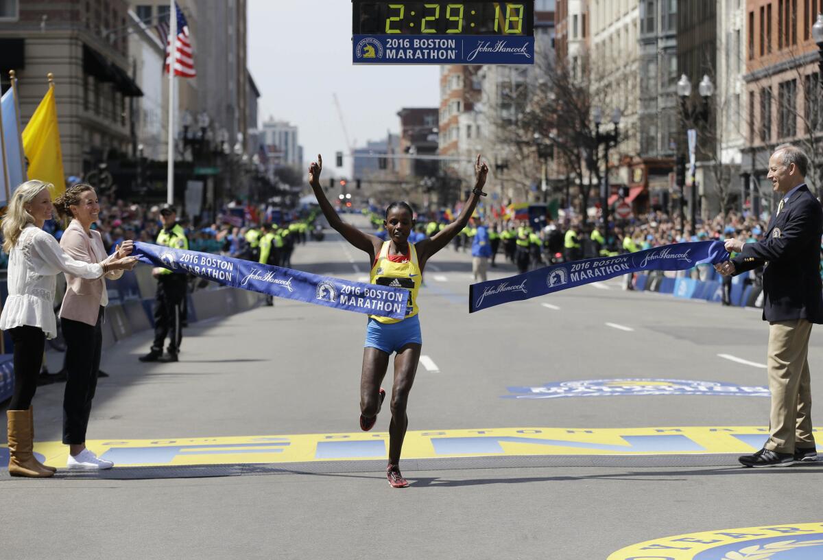 Ethopia's Atsede Baysa wins the women's division at the Boston Marathon on April 18.