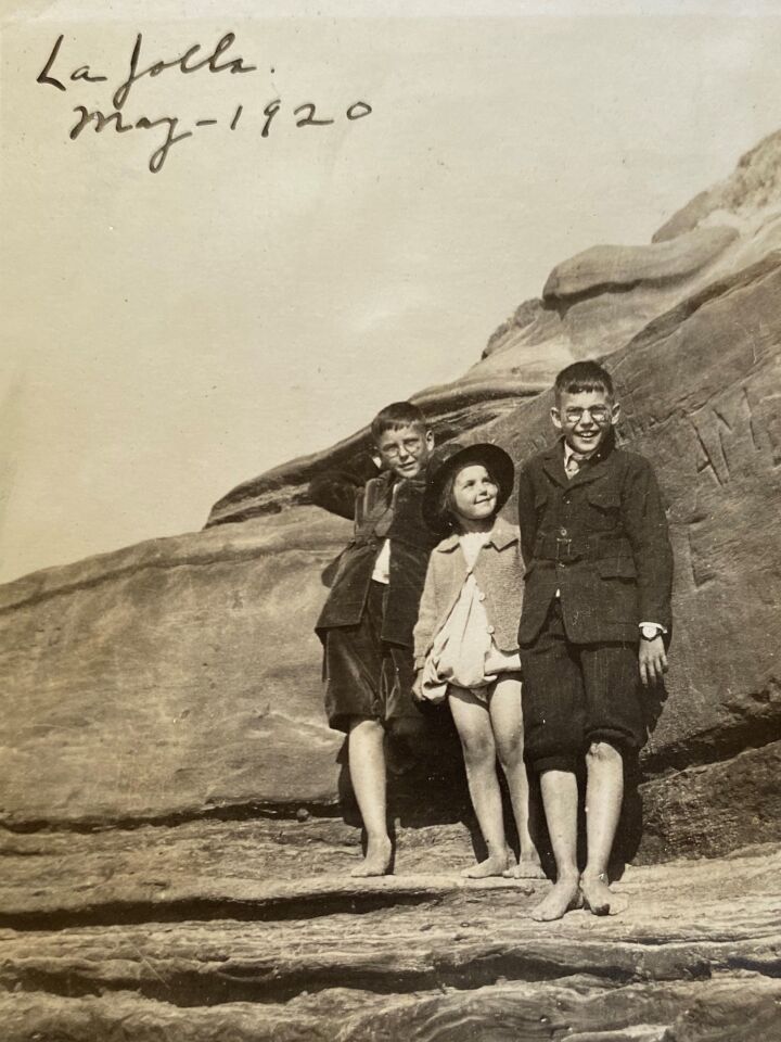 Cindy Wollaeger found this century-old photo among her mother’s things. It shows David, Louise and Alan Paulson visiting La Jolla from Minneapolis.