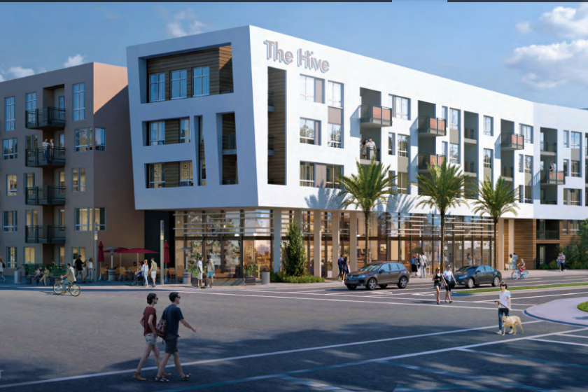 A rendering shows one of three residential buildings being planned for 3333 Susan St. in Costa Mesa.