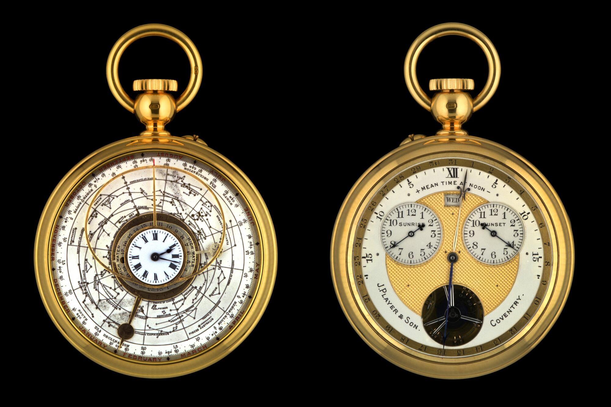 Color photos of the front and back of the J. Player & Son supercomplication gold pocket watch