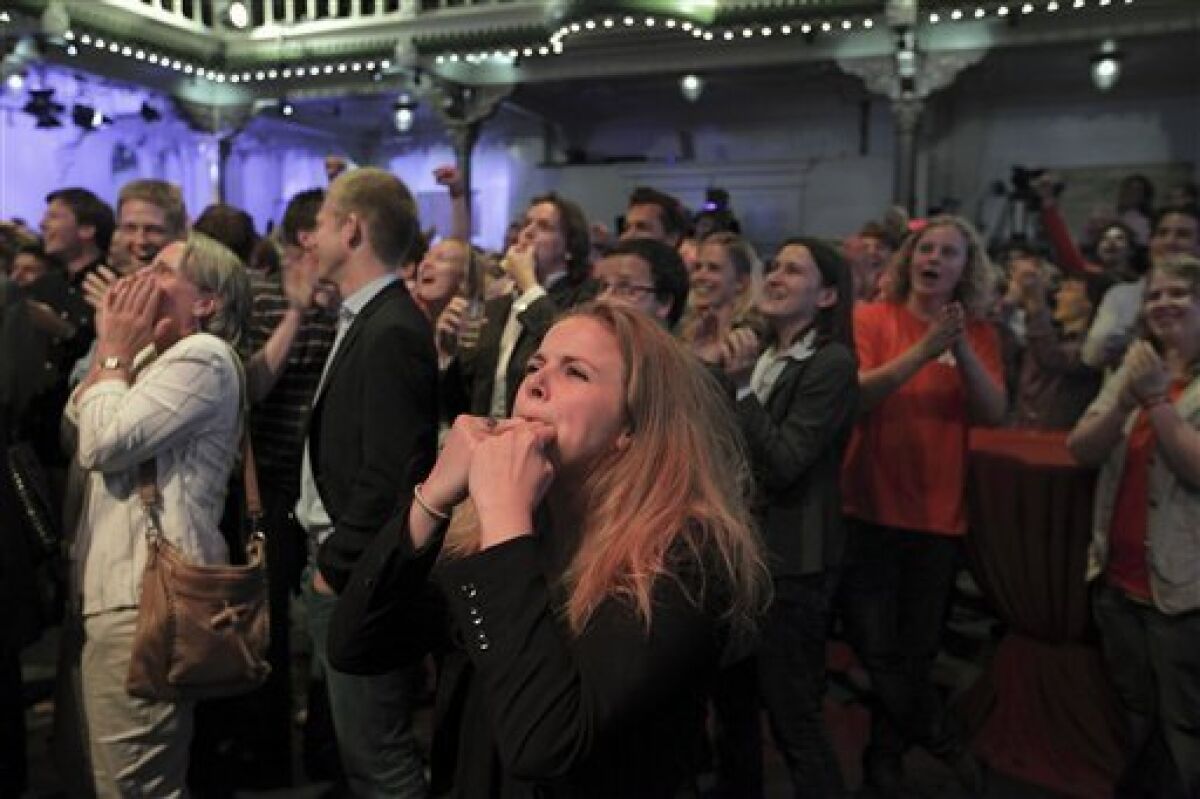 Supporters of the Labor party react as the first preliminary results are announced in Amsterdam, Netherlands, Wednesday June 9, 2010. Preliminary exit polls in the Dutch elections Wednesday showed the pro-business VVD party and Labor party are likely to finish in a dead heat as the largest parties, seeming to deal a blow to the ruling Christian Democrats and giving an anti-Islam party its best showing ever. (AP Photo/Peter Dejong) (AP Photo/Peter Dejong)