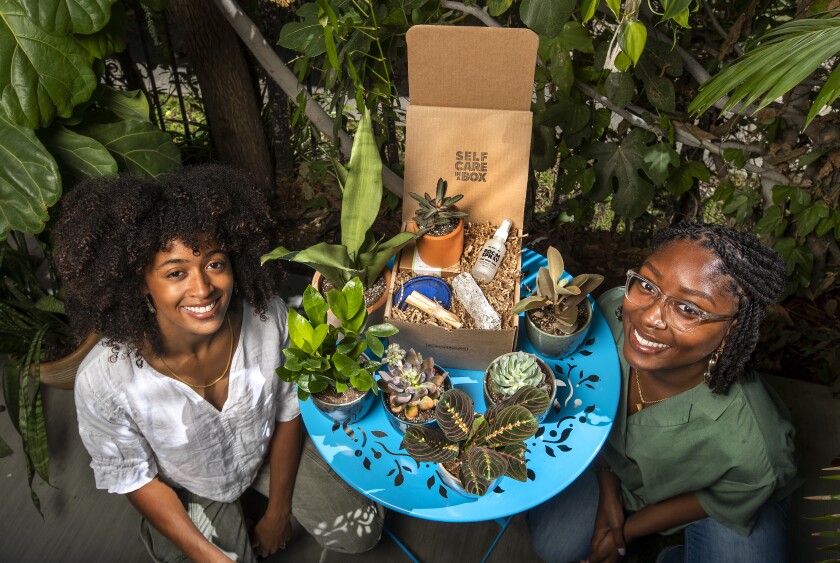 Two women with a plant gift box and array of potted plants.