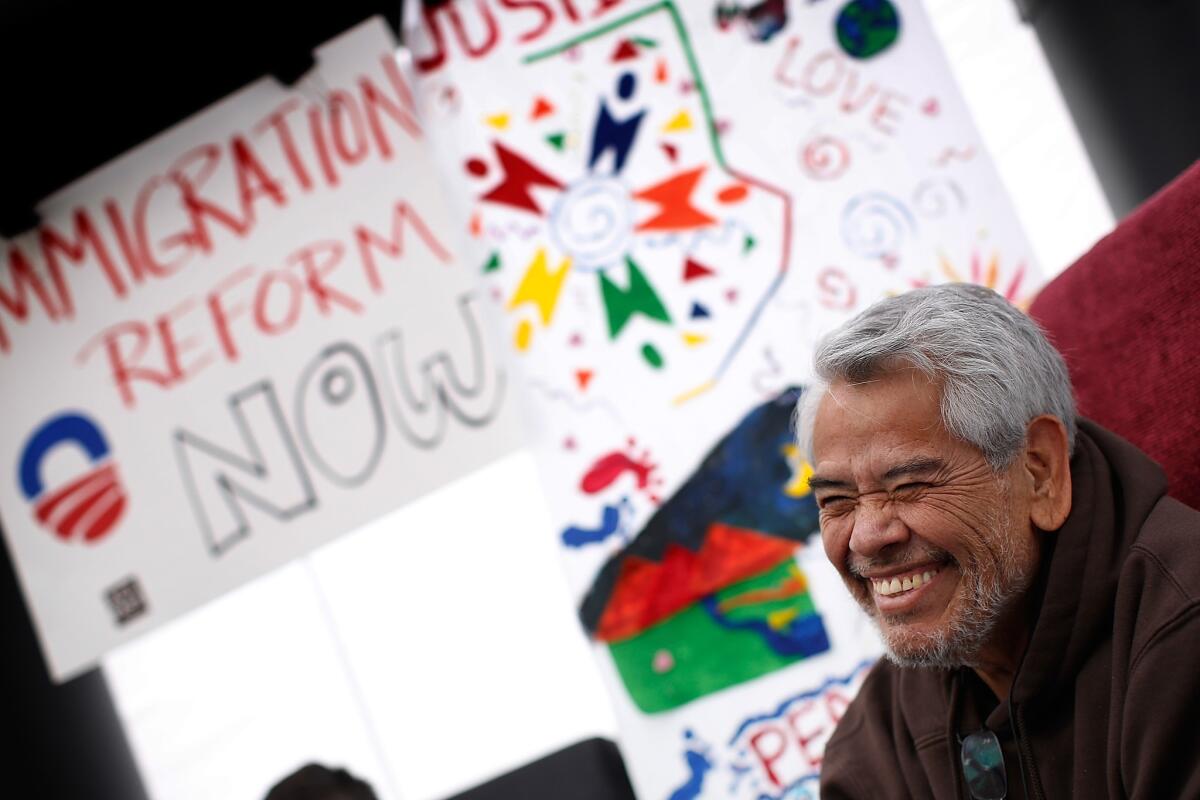 Eliseo Medina, who was fasting in support of immigration reform, talks on the National Mall.
