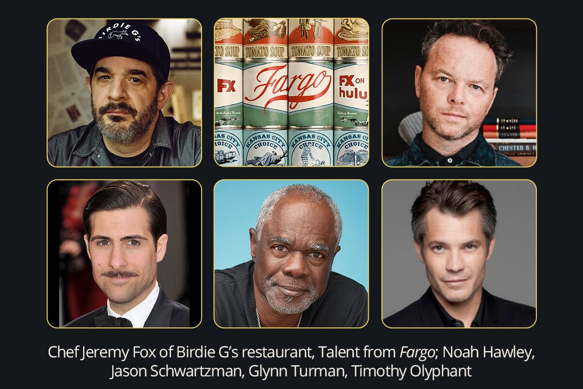 Photo collage of chef Jeremy Fox, 'Fargo' creator Noah Hawley, actors Jason Schwartzman, Glynn Turman, Timothy Olyphant.  