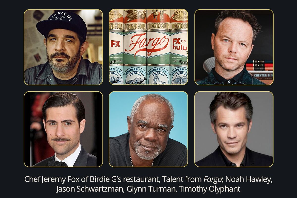 Photo collage of chef Jeremy Fox, 'Fargo' creator Noah Hawley, actors Jason Schwartzman, Glynn Turman, Timothy Olyphant.