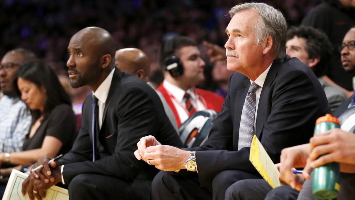 Mike D'Antoni, right, returned to Staples Center on Friday as the 76ers' associate head coach.
