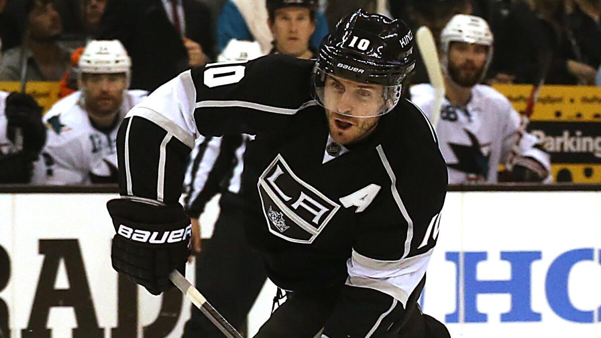 Kings center Mike Richards shoots against the San Jose Sharks on April 28, 2014.