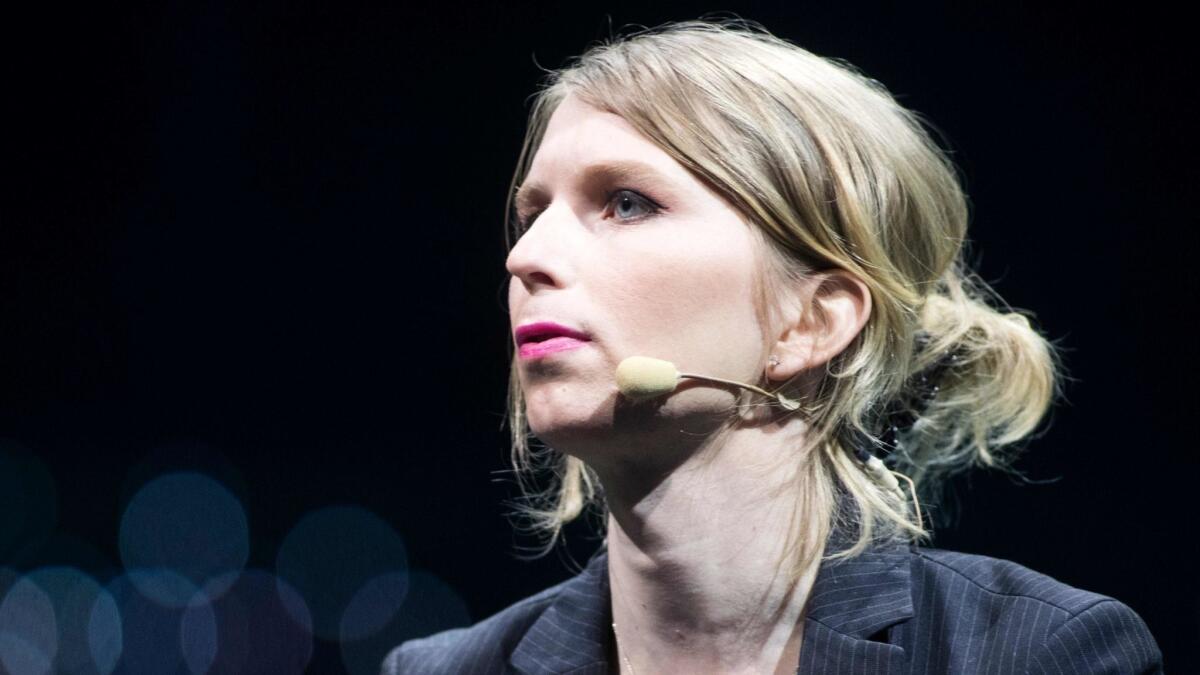 Chelsea Manning speaks during the C2 conference in Montreal on May 24, 2018.