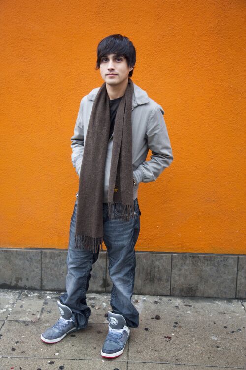 "I always bust my scarf out for cold weather," says Andrew Medina, 24, of West Hollywood, who also wore high tops and a jacket. MORE FASHION SCENES: Sunset Junction Westfield Century City shopping mall Santa Monica's Third Street Promenade Santee Alley Old Pasadena Los Angeles' Third Street neighborhood Abbot Kinney, Venice Melrose Trading Post