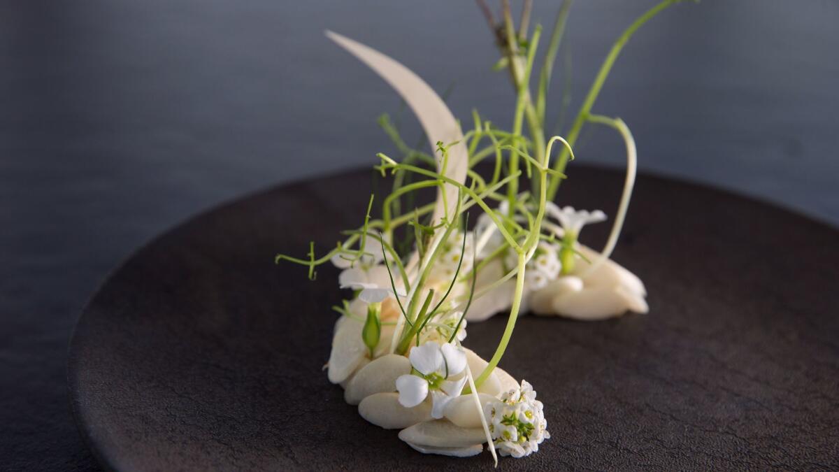 Detail of Vespertine chef Jordan Kahn's live scallop dish at his restaurant in Culver City.