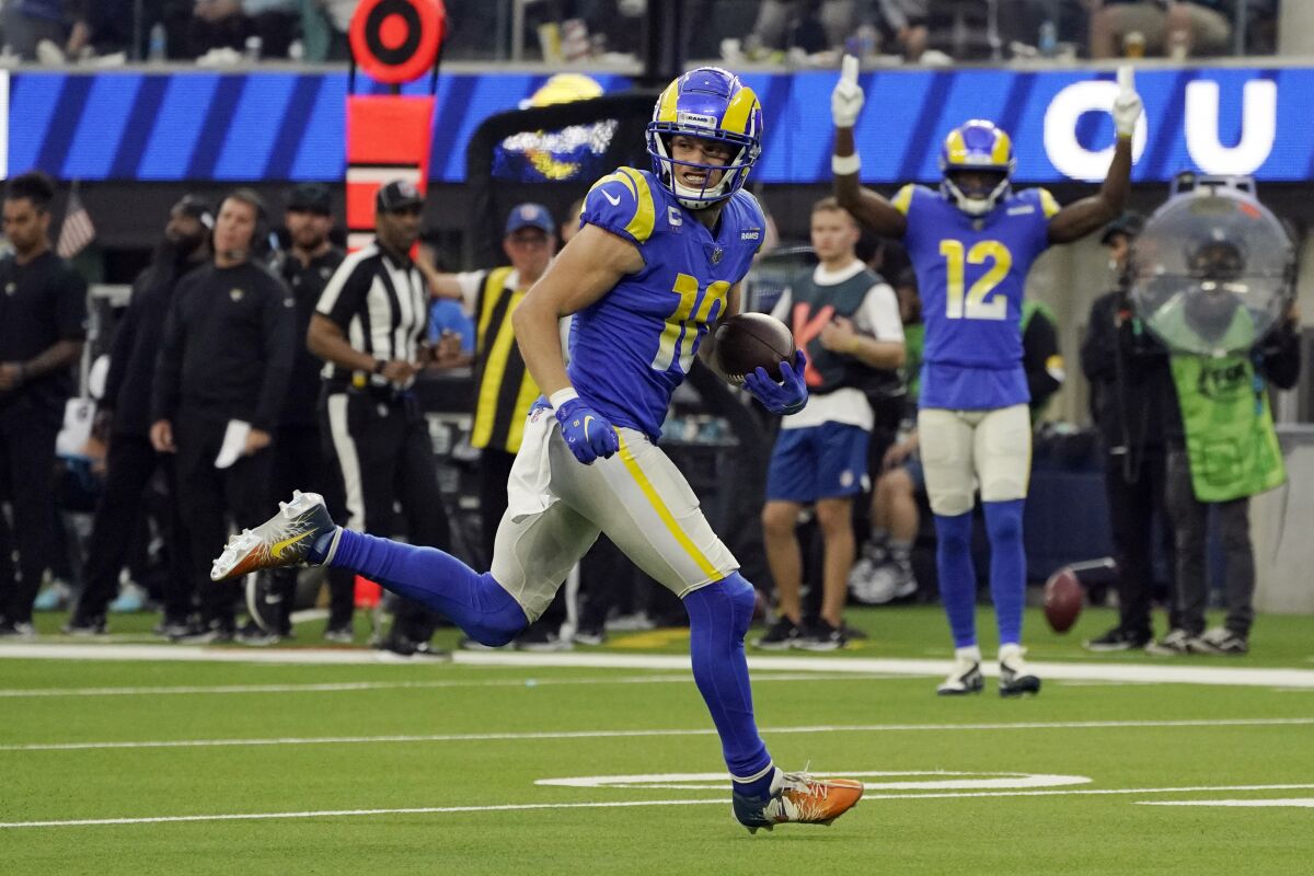 Los Angeles Rams wide receiver Cooper Kupp scores a touchdown during the second half of an NFL football game against the Jacksonville Jaguars Sunday, Dec. 5, 2021, in Inglewood, Calif. (AP Photo/Mark J. Terrill)