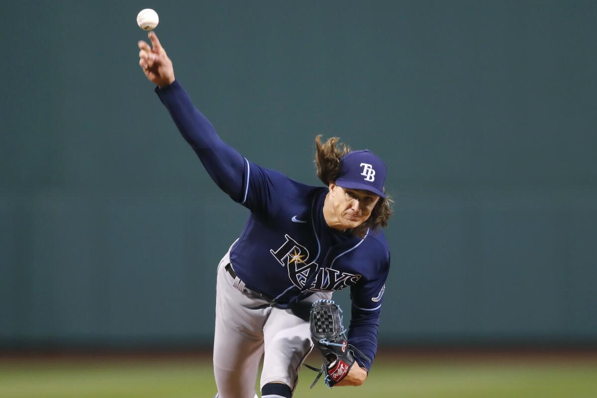 Tampa Bay Rays' Tyler Glasnow pitches during the first inning of the team's baseball game against the Boston Red Sox, Tuesday, April 6, 2021, in Boston. (AP Photo/Michael Dwyer)