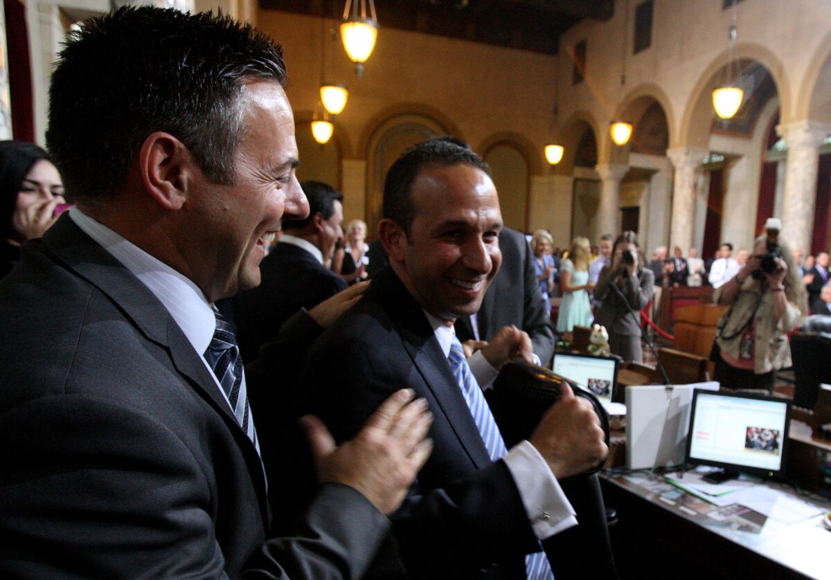 Los Angeles City Councilman Mitchell Englander on the council floor last year, with Councilman Joe Buscaino.