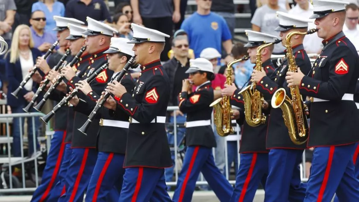 The Marine Band performs in a Veterans Day Parade along Harbor Drive in San Diego.