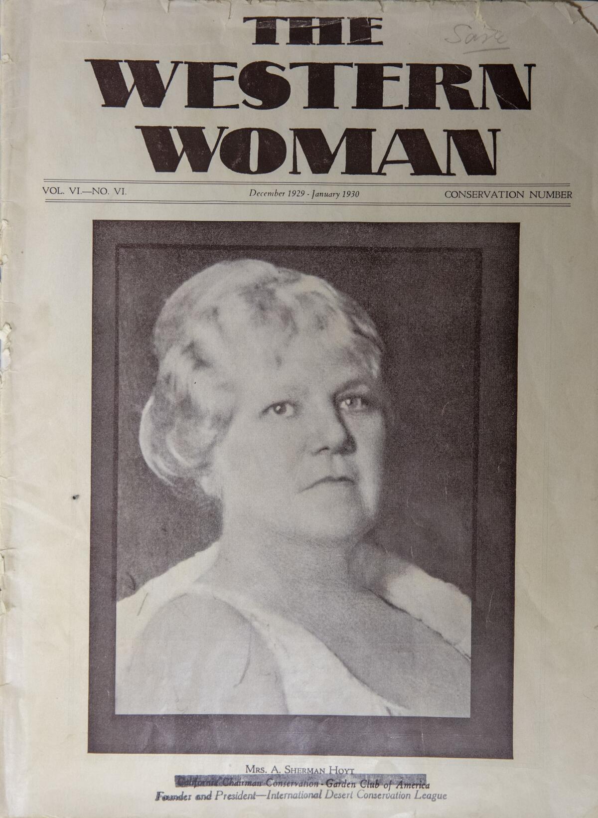 JOSHUA TREE NATIONAL PARK, CALIF. -- MONDAY, NOVEMBER 19, 2018: Copy photo of Minerva Hamilton Hoyt, on the cover of the December 1929-January 1930 edition of Western Woman magazine, from the park archive in Joshua Tree National Park, Calif., on Nov. 19, 2018. ( / Photo courtesy National Park Service)