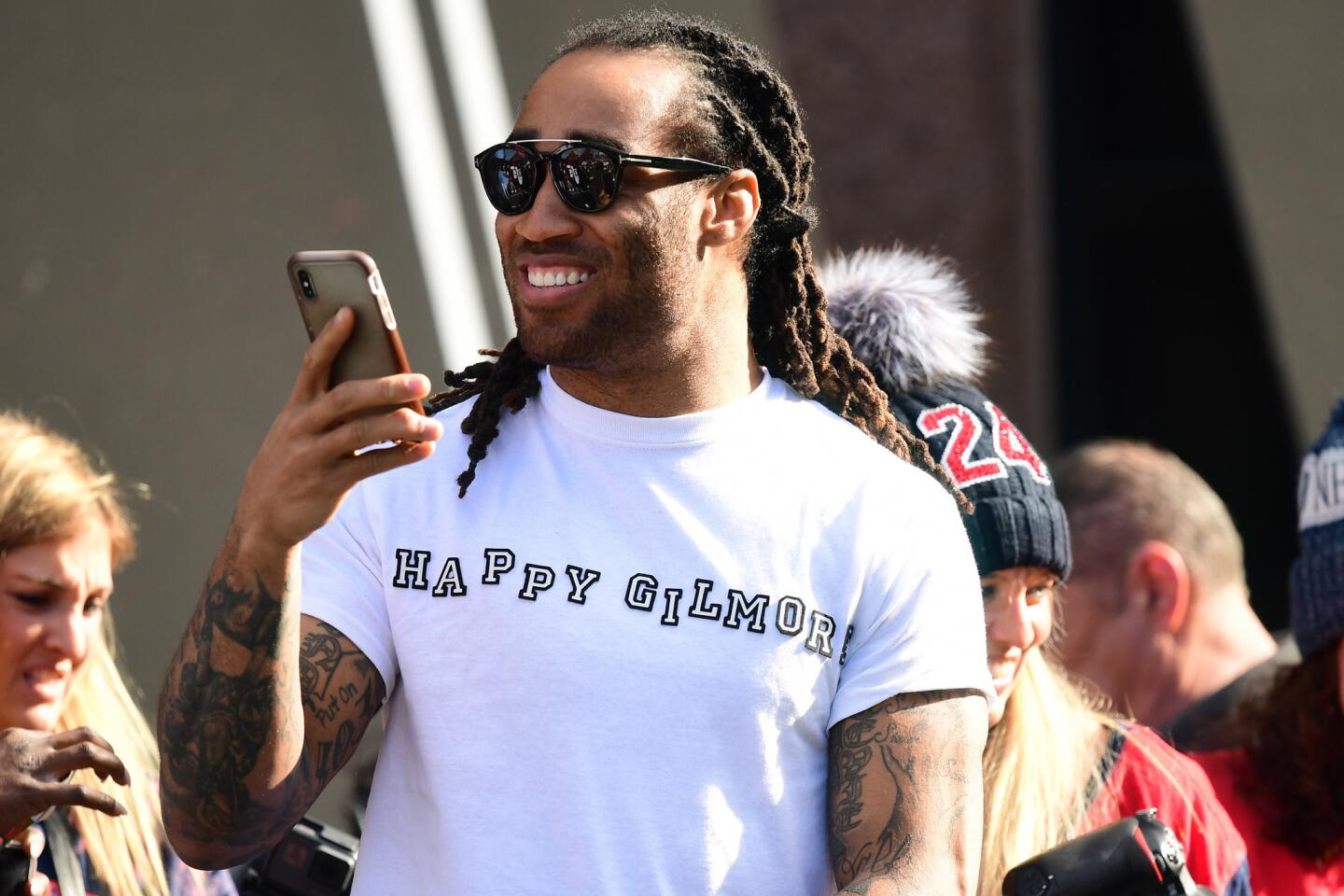 BOSTON, MASSACHUSETTS - FEBRUARY 05: Stephon Gilmore #24 of the New England Patriots reacts during the Super Bowl Victory Parade on February 05, 2019 in Boston, Massachusetts. (Photo by Billie Weiss/Getty Images) ** OUTS - ELSENT, FPG, CM - OUTS * NM, PH, VA if sourced by CT, LA or MoD **