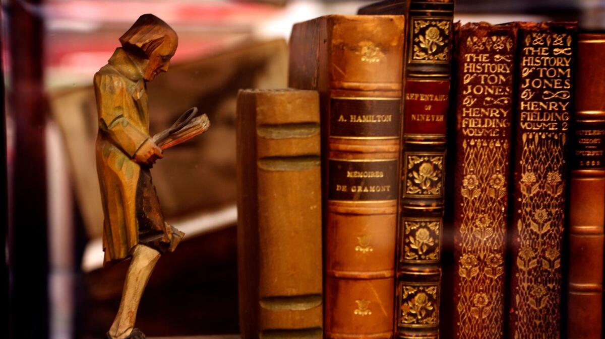 Books on display at Caravan Book Store, an antiquarian bookstore in Los Angeles. Antiquarian books were stolen in London in a daring heist.