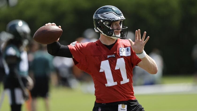 Philadelphia Eagles quarterback Carson Wentz participates in drill during an organized team activity in June.