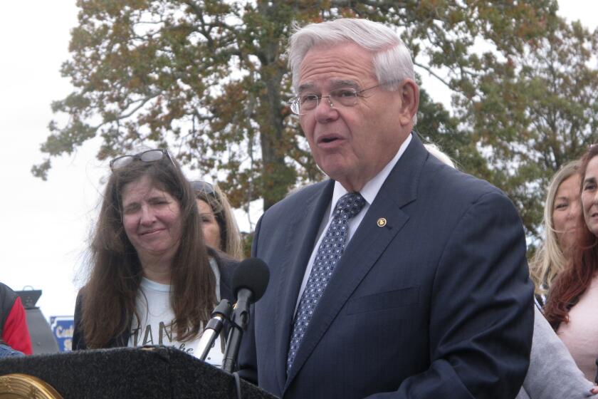 U.S. Sen. Robert Menendez speaks at a press conference in oms River, N.J. on Oct. 28, 2019, a before the seventh anniversary of Superstorm Sandy. On Sept. 22, 2023, Menendez, a Democrat, was indicted on bribery charges, which he called unfounded. (AP Photo/Wayne Parry)