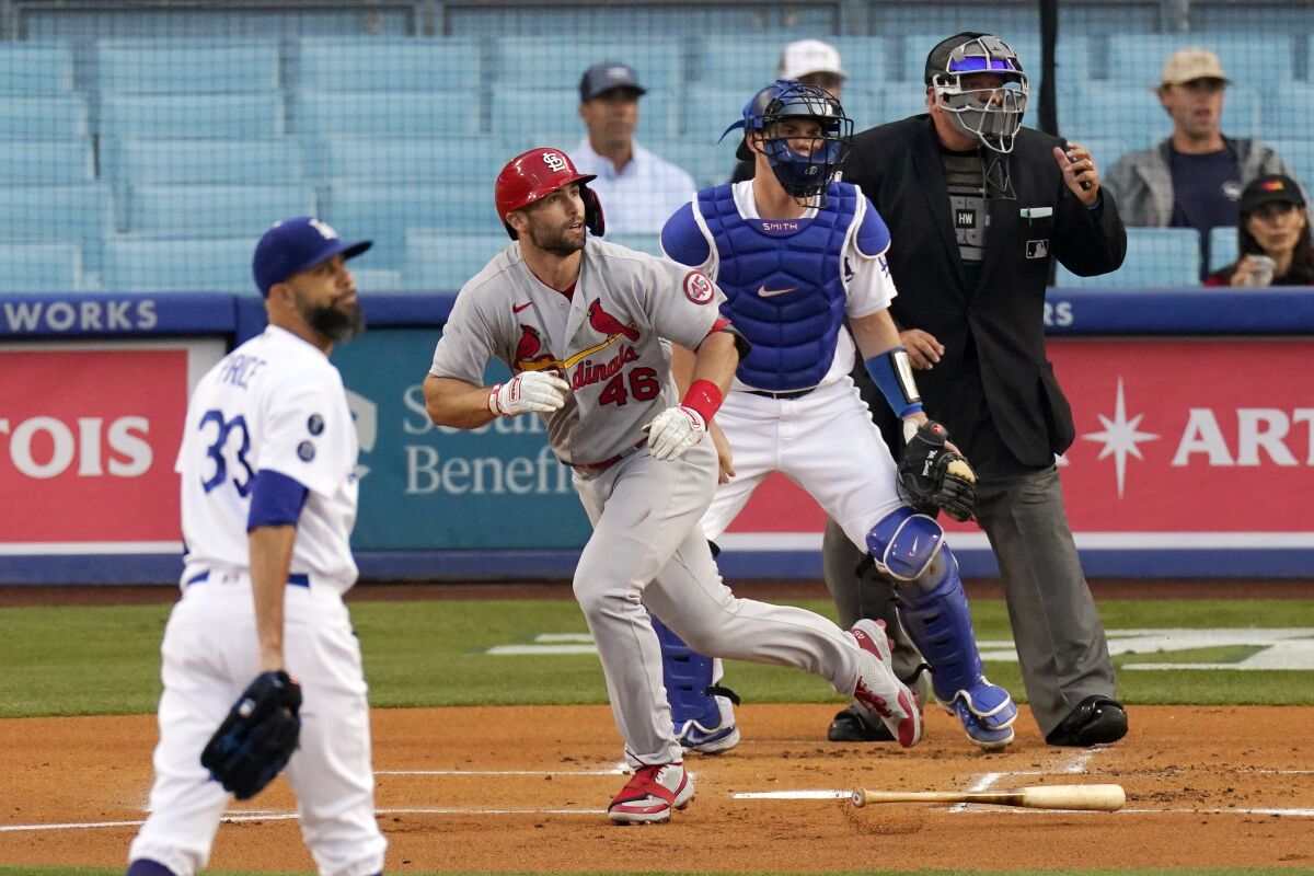 St. Louis Cardinals' Paul Goldschmidt runs to first after hitting an RBI double