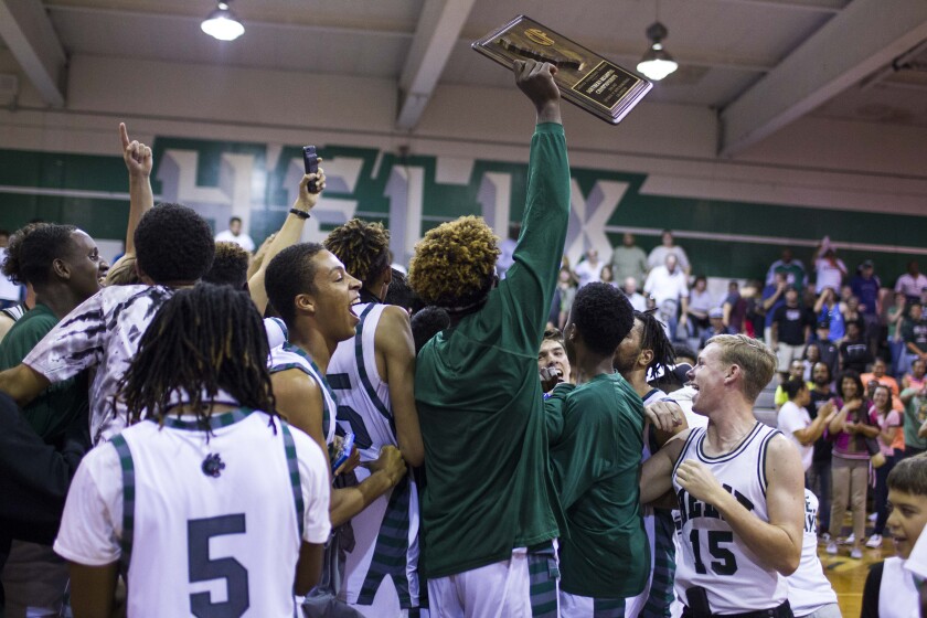 Helix (shown after a state basketball win in 2017) is eager to bring some excitement back to the school's gym, which has been undergoing repairs for months.