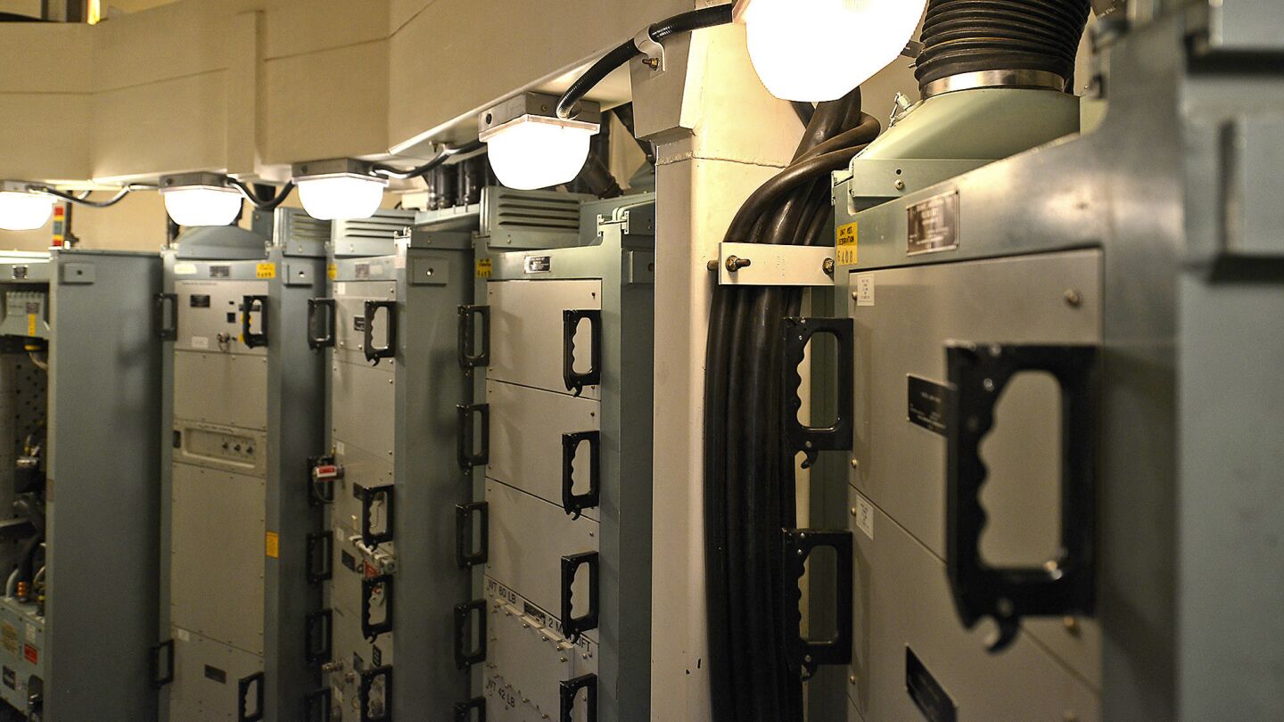 Rows of batteries line the walls inside a missile silo used for training and maintenance at Malmstrom Air Force Base.