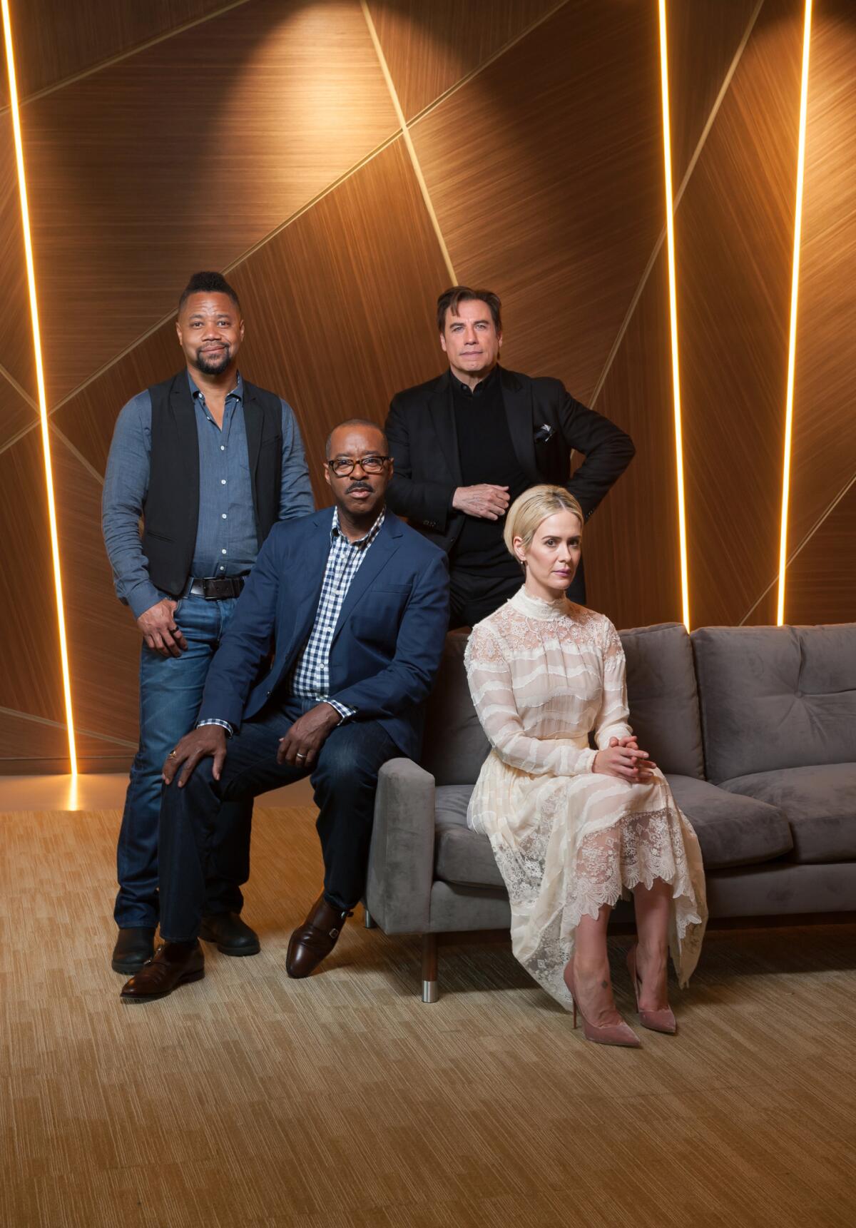 "The People v. O.J. Simpson" cast members Cuba Gooding Jr., Courtney B. Vance, John Travolta and Sarah Paulson, gathered for a chat with The Envelope. (Christina House / For The Times)