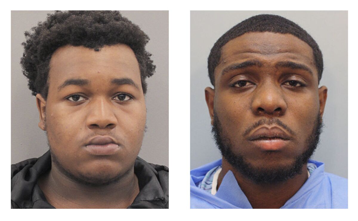 This combination of images provided by the Harris County Sheriff's Office in Houston, shows Fredarius Clark, left, and Joshua Stewart, who have been charged with capital murder in the fatal shooting of a Texas deputy sheriff. (Harris County Sheriff's Office via AP)