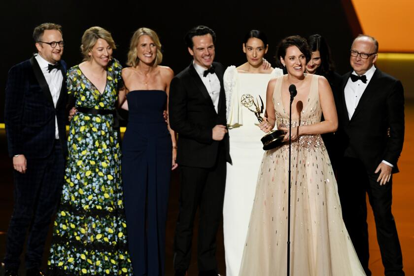 LOS ANGELES, CALIFORNIA - SEPTEMBER 22: Phoebe Waller-Bridge (speaking) and fellow cast and crew members of 'Fleabag' accept the Outstanding Comedy Series award onstage during the 71st Emmy Awards at Microsoft Theater on September 22, 2019 in Los Angeles, California. (Photo by Kevin Winter/Getty Images)