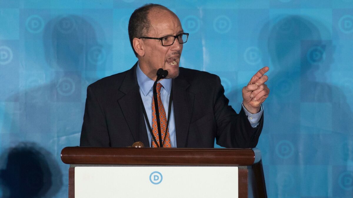 Former Labor Secretary Tom Perez was chosen to lead the Democratic Party over a congressman backed by the progressive wing.