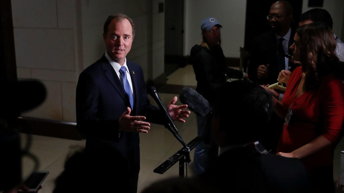 Rep. Adam Schiff (D-Burbank), ranking member of the House Intelligence Committee, speaks to reporters after the panel interviewed Donald Trump Jr. on Dec. 6