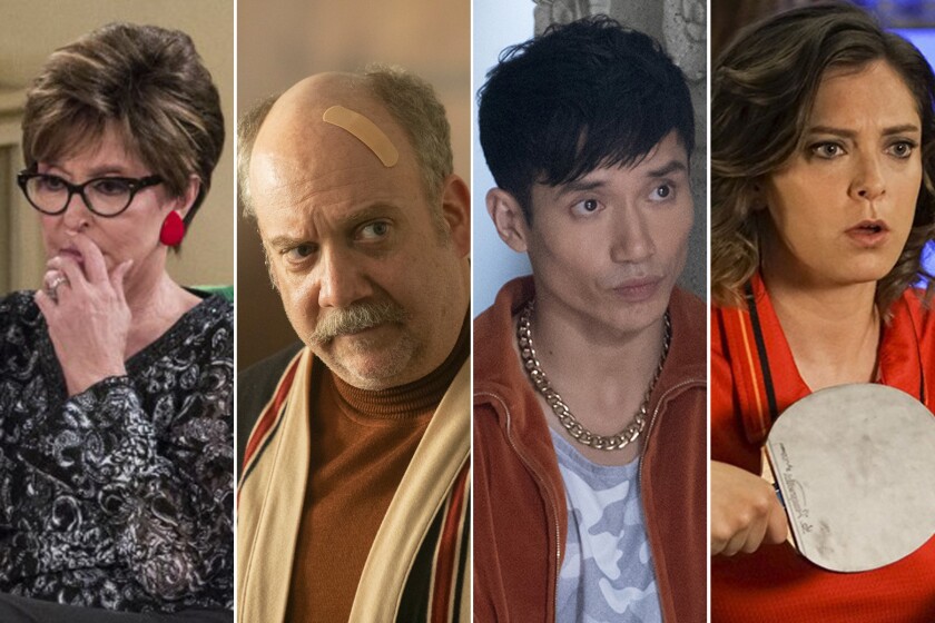 From left, Rita Moreno in "One Day at a Time"; Paul Giamatti in "Lodge 49"; Manny Jacinto in "The Good Place"; and Rachel Bloom in "Crazy Ex-Girlfriend."
