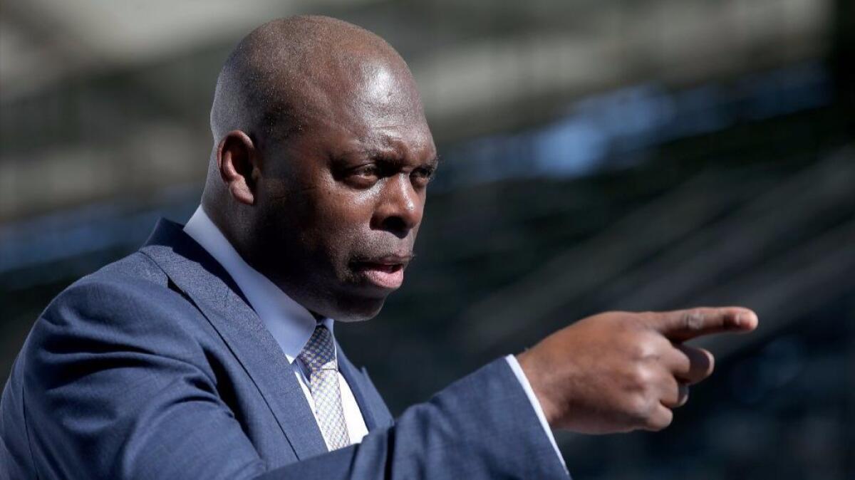 Los Angeles Chargers Coach Anthony Lynn speaks during his introductory news conference at StubHub Center on Jan. 17.