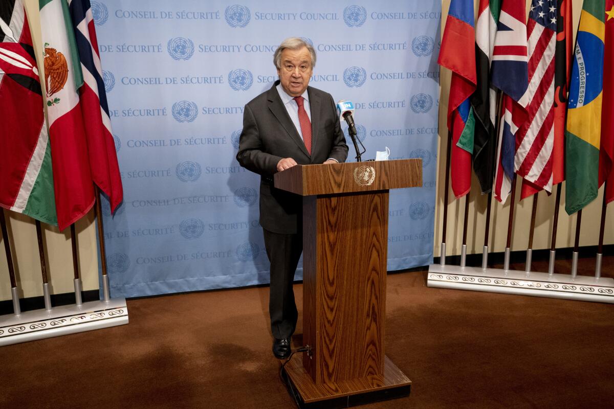 U.N. Secretary-General Antonio Guterres speaks to members of the media outside the Security Council chamber on Thursday.