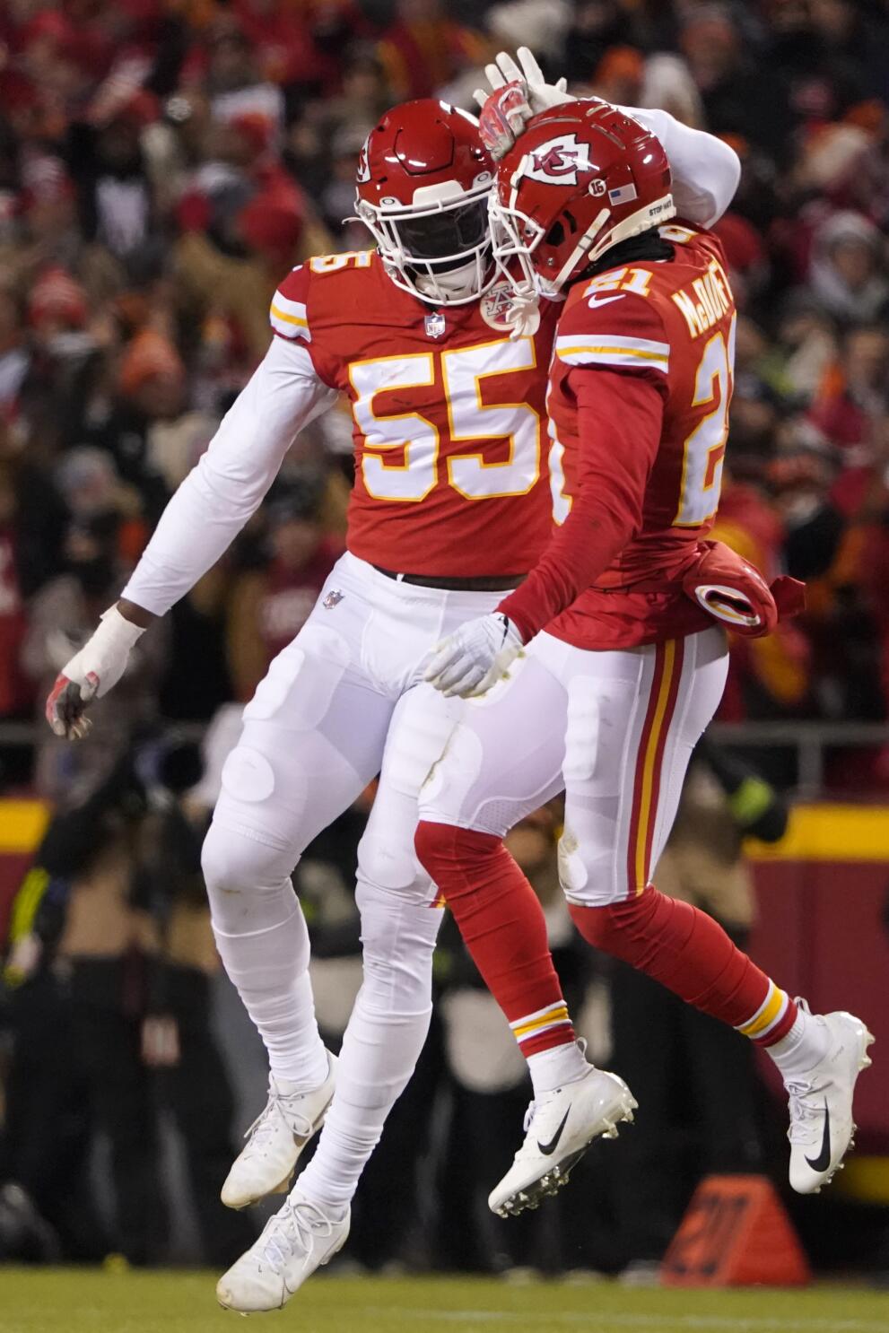 Cincinnati Bengals quarterback Joe Burrow is sacked by Kansas City Chiefs  defensive end Frank Clark (55) during the first half of the NFL AFC  Championship playoff football game, Sunday, Jan. 29, 2023