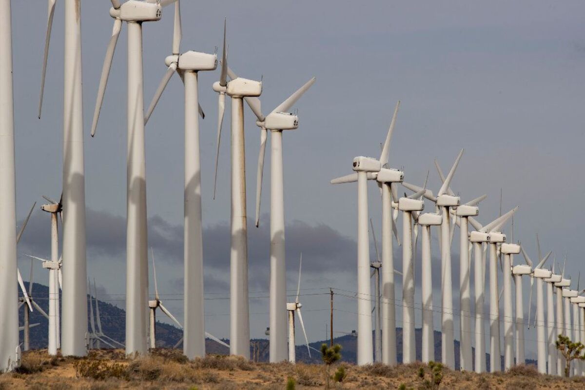 Wind turbines generate electricity in the Tehachapi-Mojave Wind Resource Area near the city of Mojave.